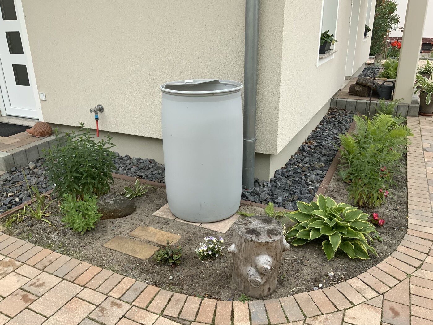 Außenansicht: graues Regentonnenfass neben Hauswand, Gartenpflanzen, Kies, gepflasterter Weg.