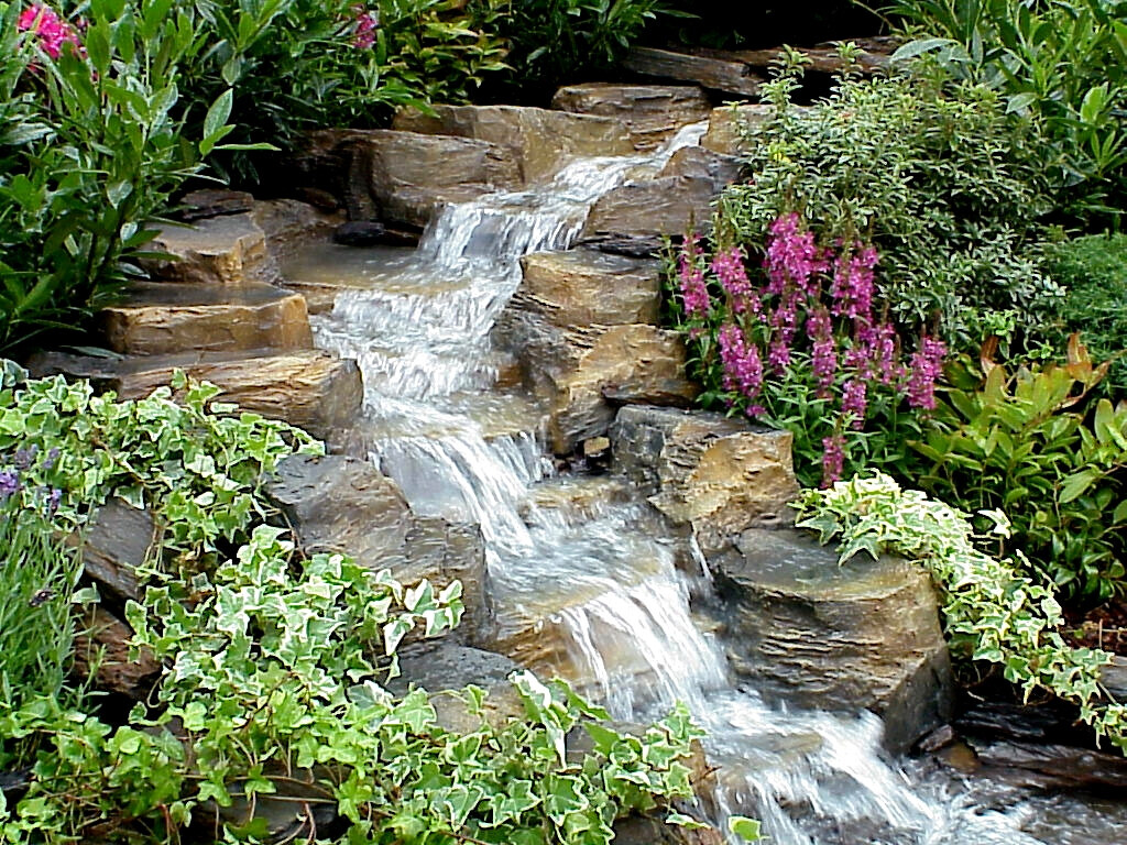 Kleiner Stein-Wasserfall in einem Garten mit Pflanzen und lila Blüten.