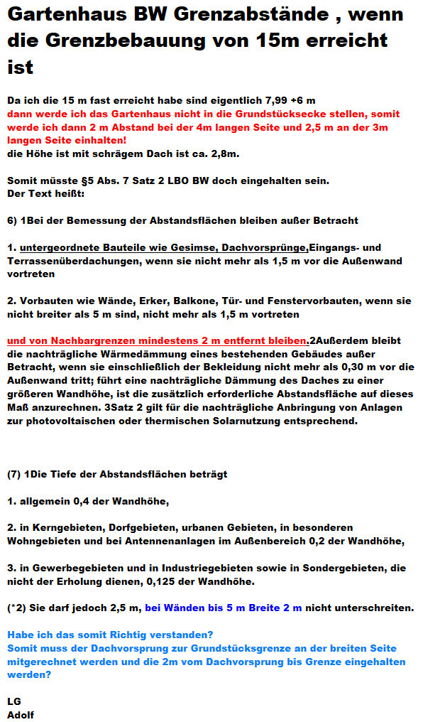 Dokument über Grenzabstände für Gartenhaus in BW, 15 m, Berechnungen und Vorgaben.