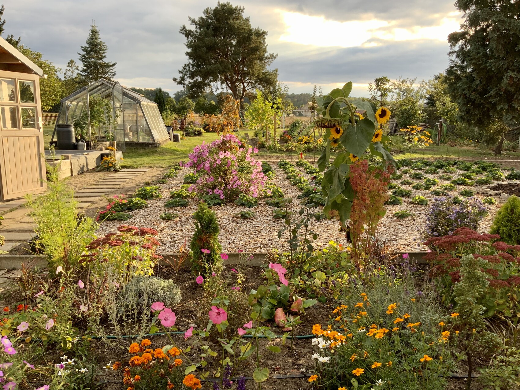 Gartenlandschaft mit Gewächshaus, bunten Blumenbeeten und sonnigem Abendlicht