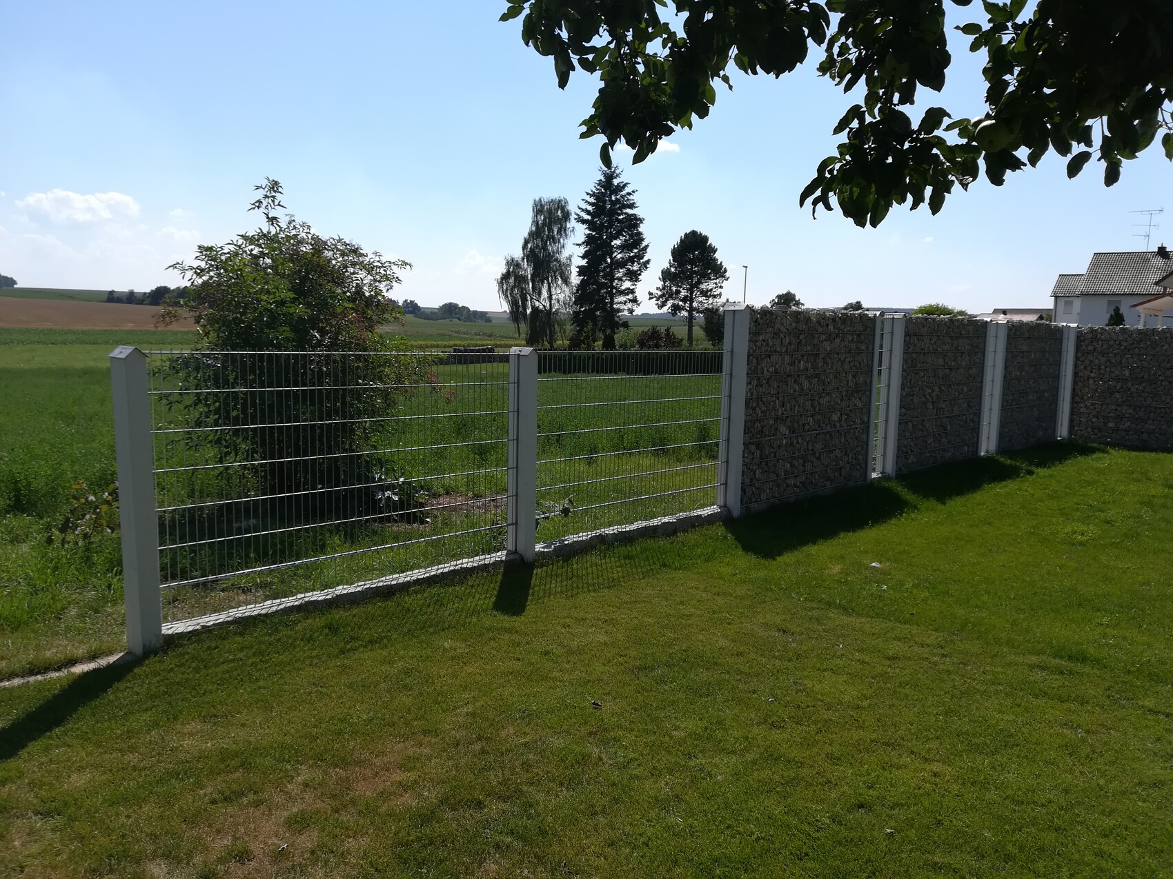 Garten mit weißem Metallgitterzaun links und Gabionenwand rechts, grüne Wiese, Felder im Hintergrund.