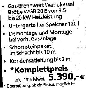 Anzeige für Gas-Brennwert-Wandkessel System mit Komplettpreis 5.390 Euro inkl MwSt