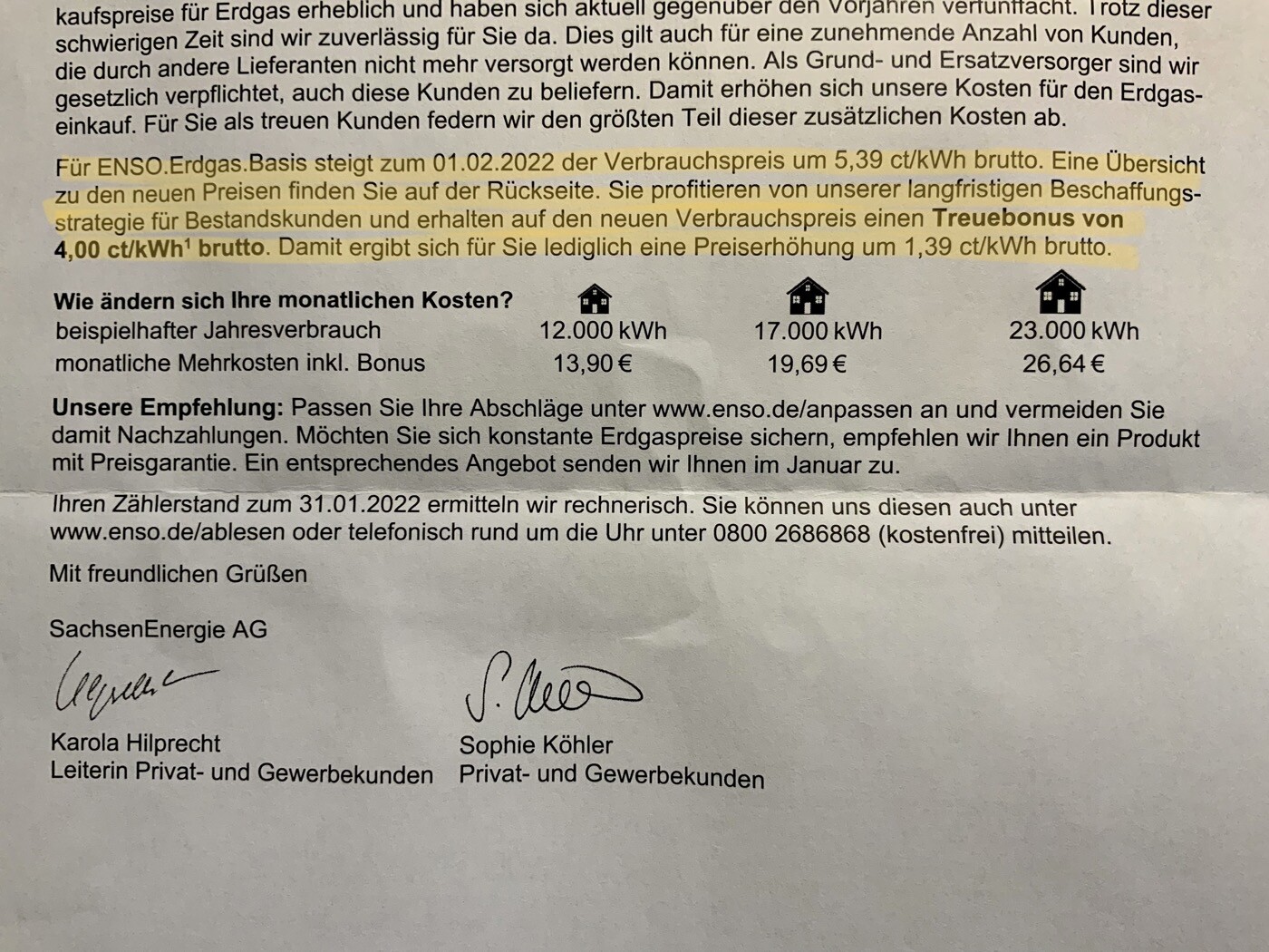 Dokument über Erdgas-Preise: neuer Verbrauchspreis, Treuebonus, Kosten-Tabelle