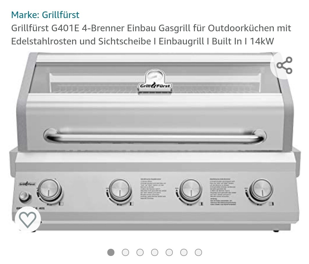 Grillfürst Einbau-Gasgrill aus Edelstahl mit Deckel, Griffleiste und vier Reglern.