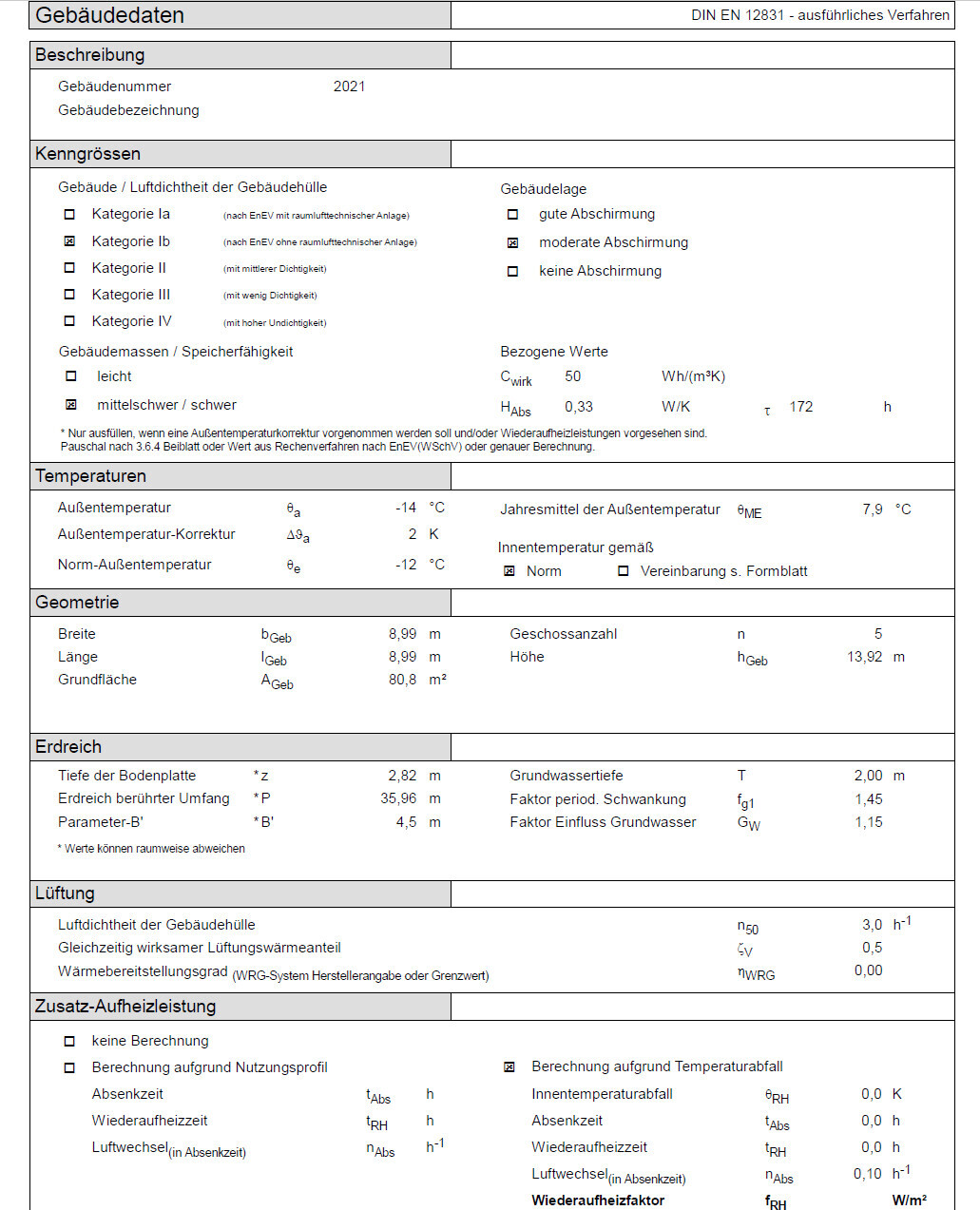 DIN EN 12831 Gebäudedaten-Formular mit Tabellen zu Kennwerten, Temperaturen und Geometrie.