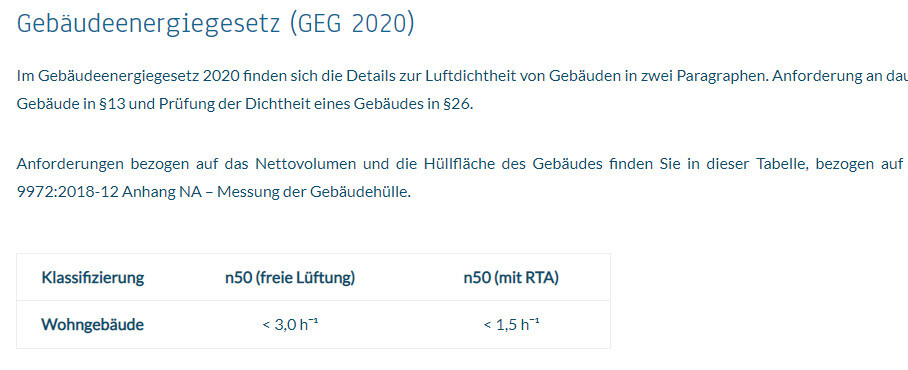 Screenshot einer Informationsseite zum Gebäudeenergiegesetz (GEG 2020) mit Tabelle zu Lüftungs-n50 und Wohngebäuden.