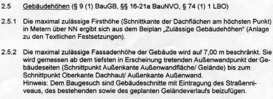Ausschnitt aus Bauvorschrift: maximale Firsthöhe und Fassadenhöhe von Gebäuden.
