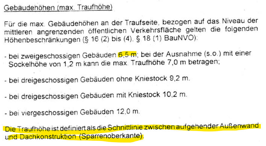 Dokumenttext erklaert maximale Traufhoehe und Schnittlinie zwischen Aussenwand und Dach