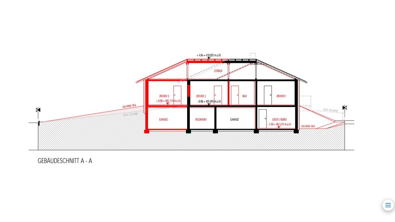 Architektonischer Gebäudeschnitt eines zweistöckigen Hauses mit Keller und Garage.