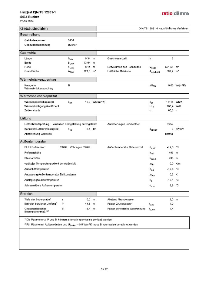 Dokument mit Tabellen zu Gebäudedaten, Geometrie, Lüftung, Wärmebedarf nach DIN 12831-1.