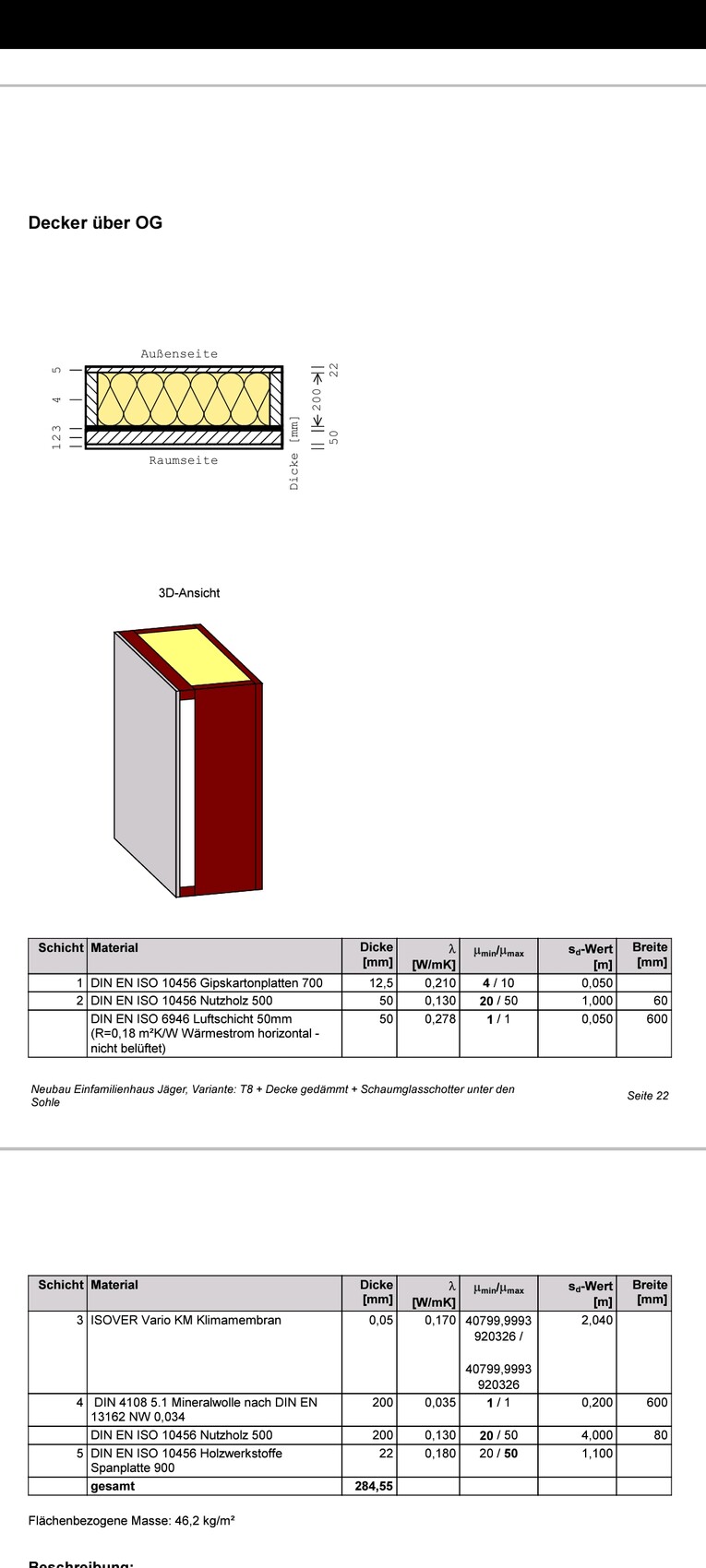 Querschnitt Deckenaufbau mit Dämmung; 3D-Ansicht eines Bauteils mit gelbem Deckel und roter Front.