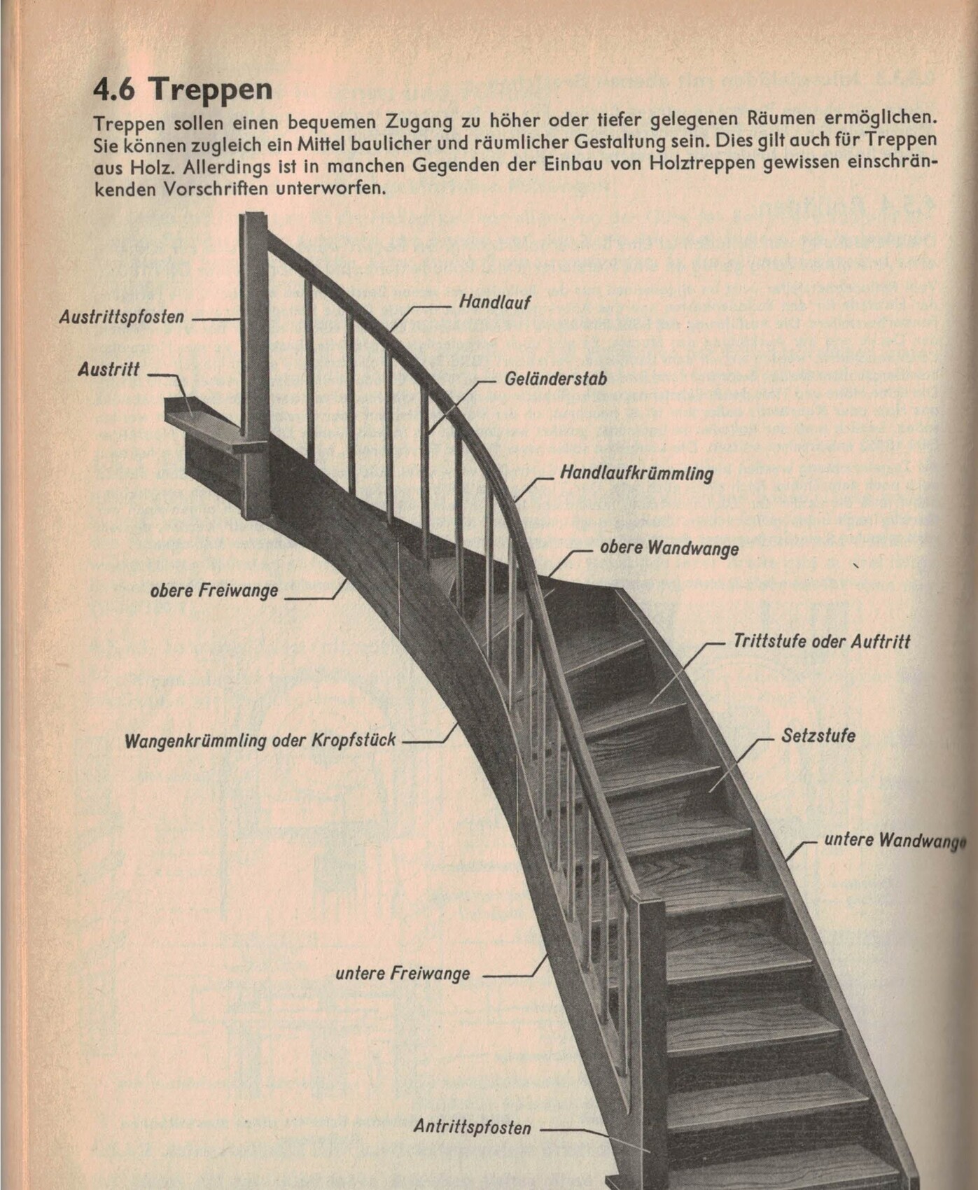 Schnittzeichnung einer gebogenen Holztreppe mit Geländer, Handlauf, Stufen und Pfosten.