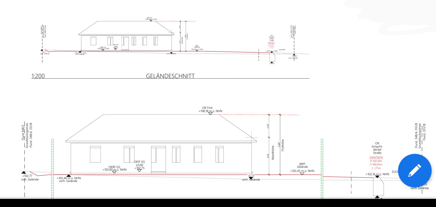 Architekturzeichnung: Geländeschnitt eines Einfamilienhauses mit Dach, Fenstern und Maßangaben.