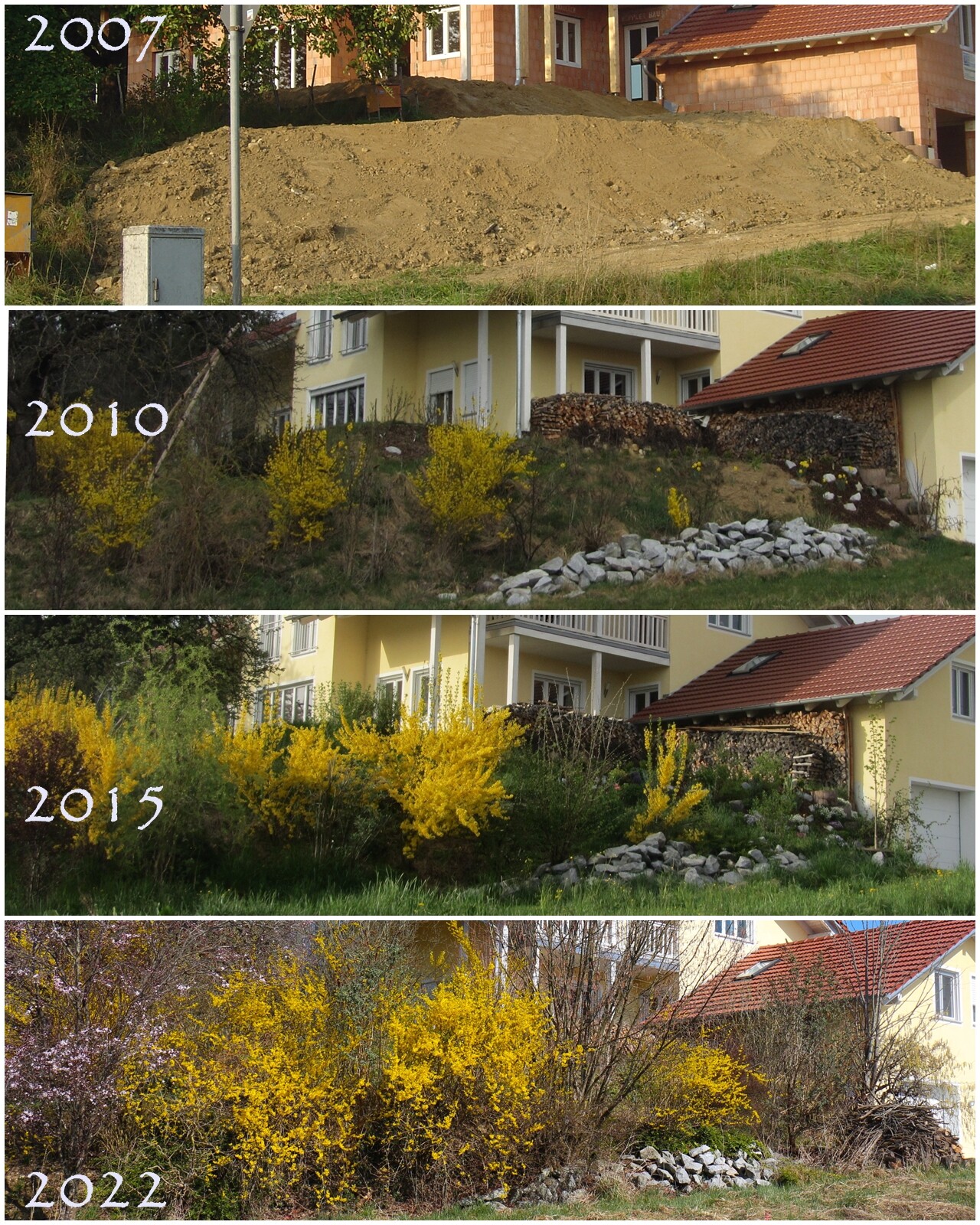 Vier Panels zeigen Gartenentwicklung vor Haus von 2007 bis 2022 mit Sträuchern, Steinen und Holz.