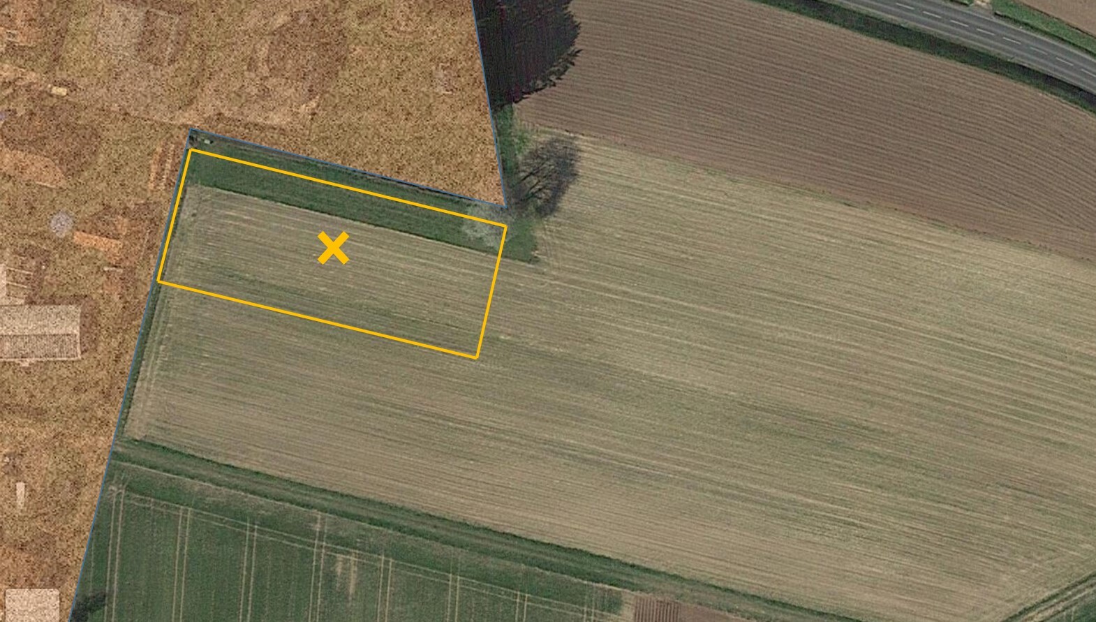 Satellitenbild eines Feldstücks: gelb umrissenes Rechteck mit orangenem X in der Mitte