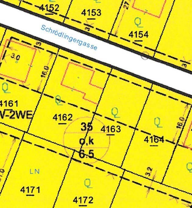 Gelbe Katasterkarte mit Parzellen 4152-4172 und Schrödlingergasse, Grundriss des Gebiets.