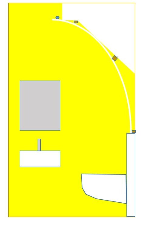 Grundriss: Gelber Hintergrund, graues Quadrat links, weiße Rechtecke, kurvige Bahn rechts.
