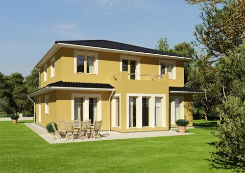 Zweistöckiges gelbes Einfamilienhaus mit Terrasse und großem Garten