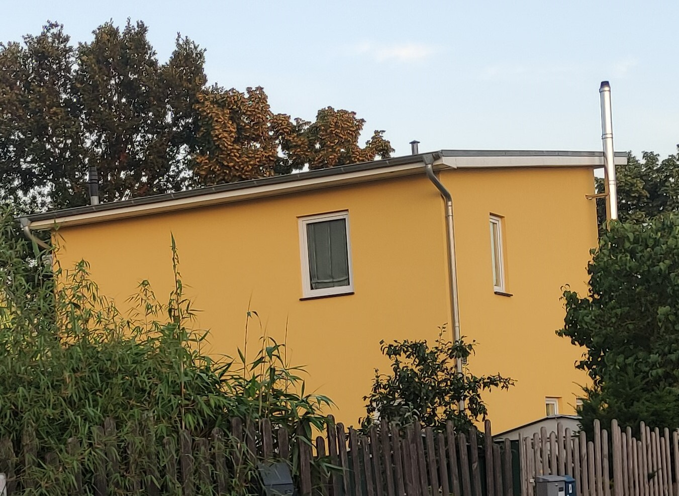 Gelbes Haus mit zwei weißen Fenstern, Dachrinne, Kaminrohr, Holzzaun und Gartenpflanzen.