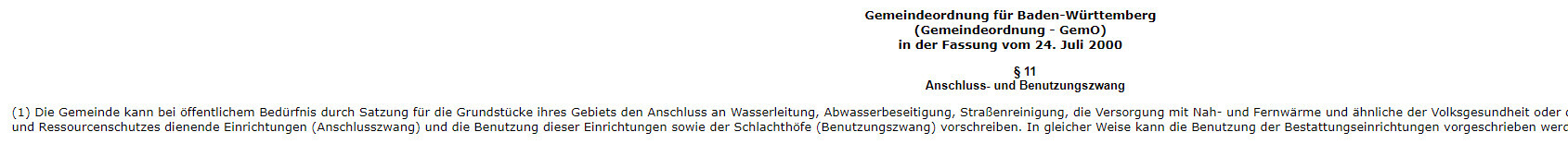 Scan eines Rechtsdokuments: BW-Gemeindeordnung mit Paragrafen zum Anschluss- und Benutzungszwang.