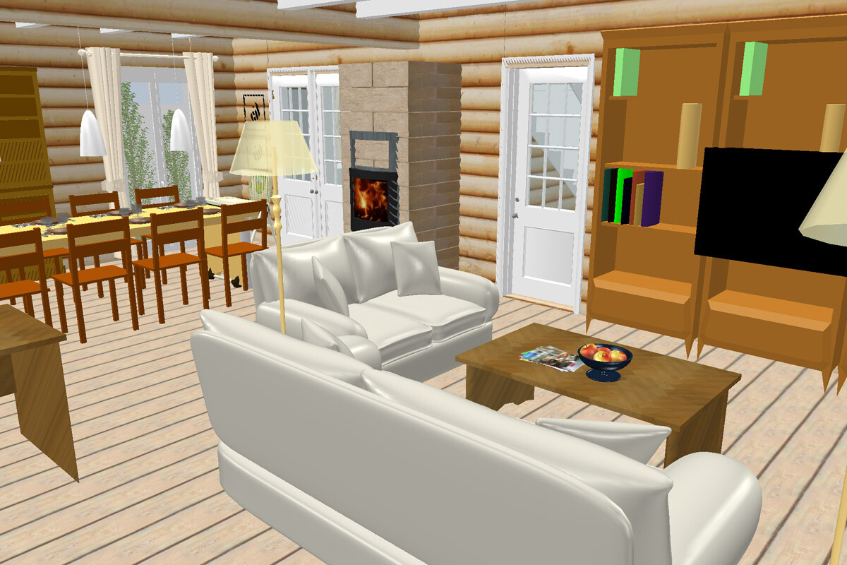 Gemütliches Holzhaus-Wohnzimmer mit Kamin, weißem Sofa und Esstisch.