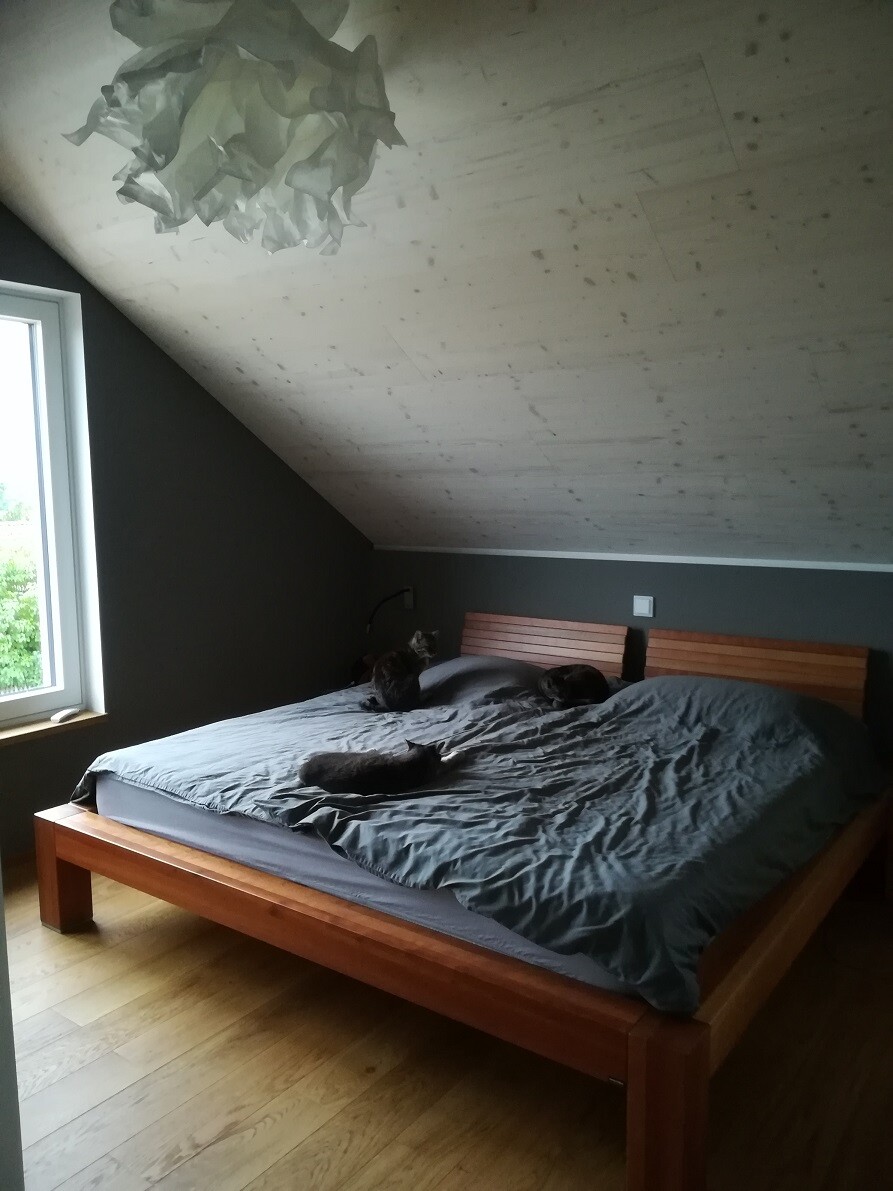 Schlafzimmer mit schräger Decke, Holzbett mit grauer Bettwäsche, mehrere Katzen schlafen darauf.