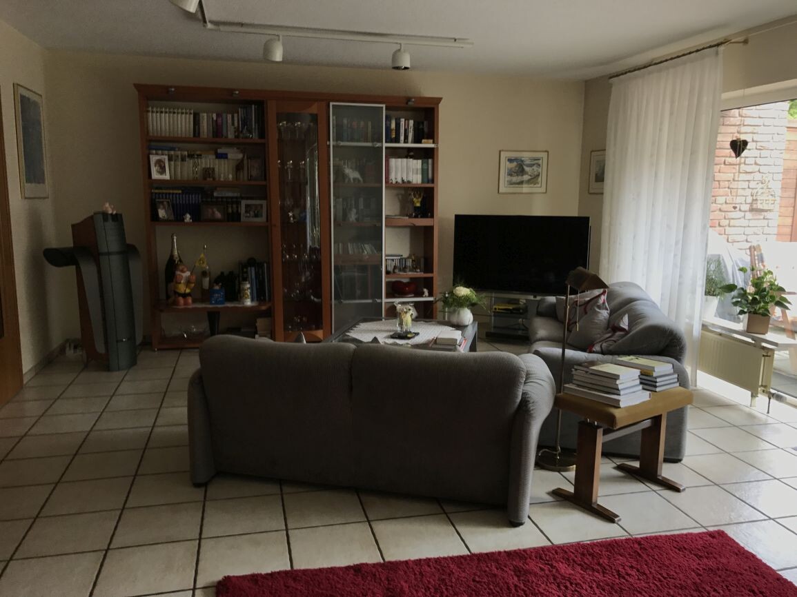 Gemuetliches Wohnzimmer mit grauen Sofas, Fernseher, Buecherregal und grosser Fensterfront