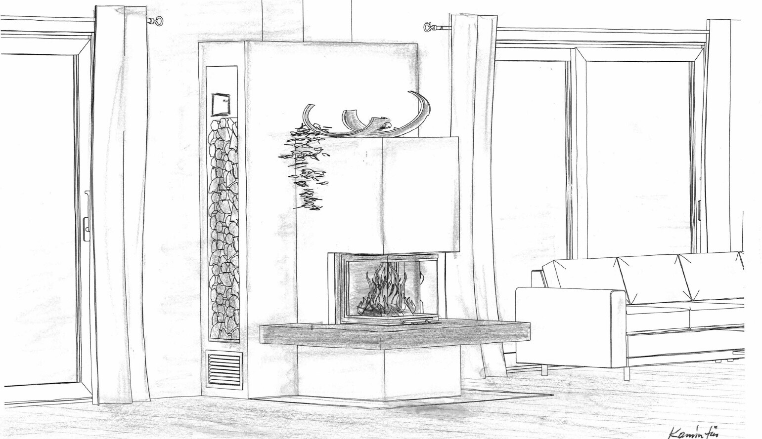 Skizzenhafte Darstellung eines gemütlichen Wohnzimmers mit Kamin, Sofa und Vorhängen