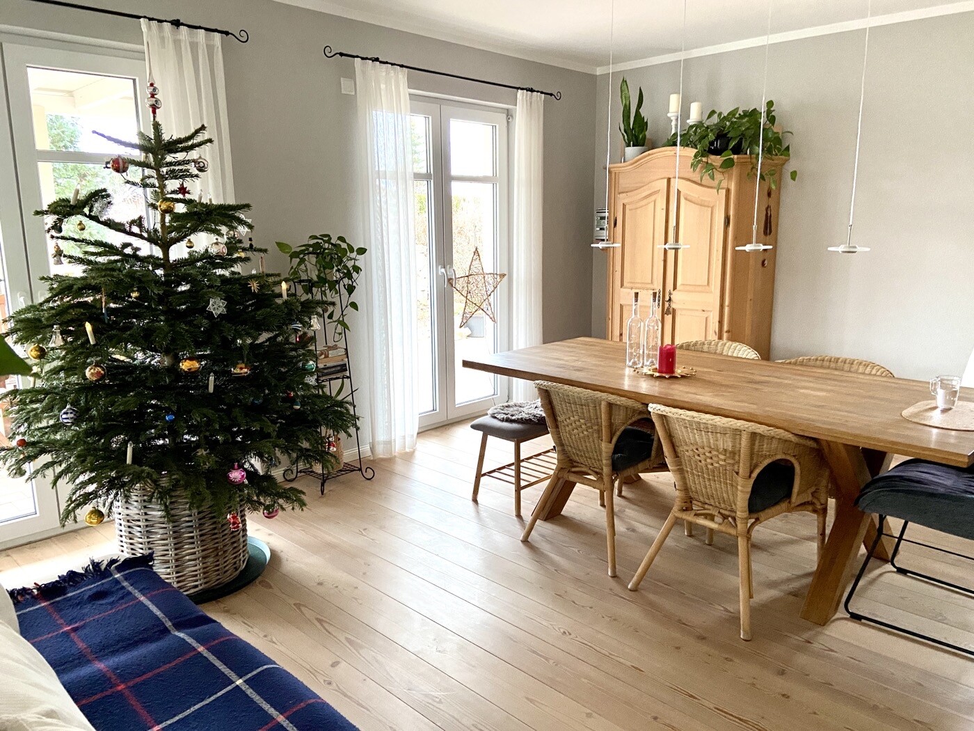 Großes Wohnzimmer: Christbaum links, Holztisch mit Rattansesseln, Pflanze und Schrank.