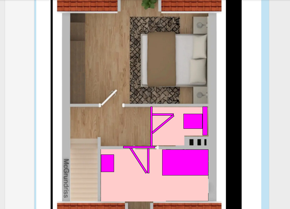 Top-Down-Grundriss: Schlafzimmer mit Bett und Teppich; unten pink markierte Raumaufteilung.