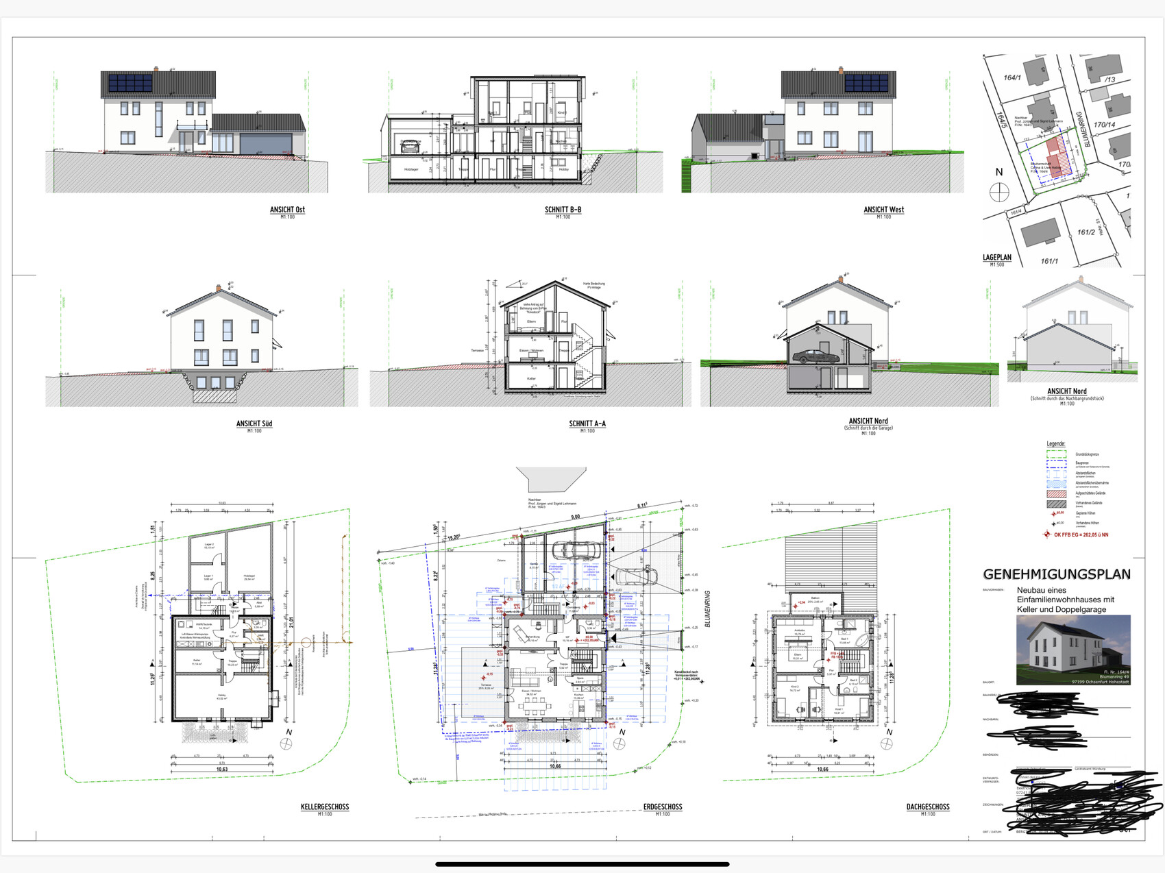 Architektur-Plan: Ansichten, Schnitte und Grundrisse eines Einfamilienhauses mit Keller und Garage