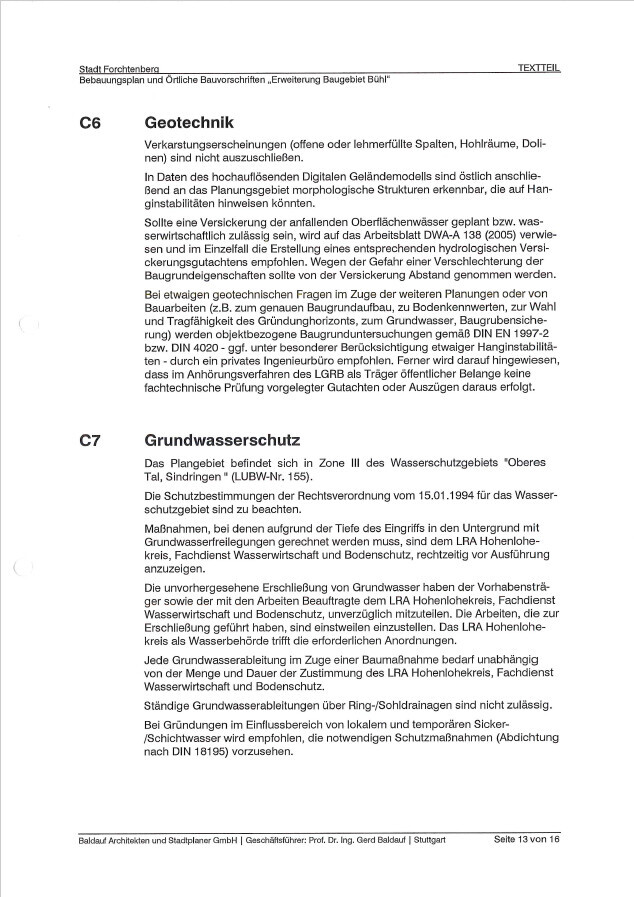 Seite eines Bebauungsplans mit Geotechnik (C6) und Grundwasserschutz (C7).