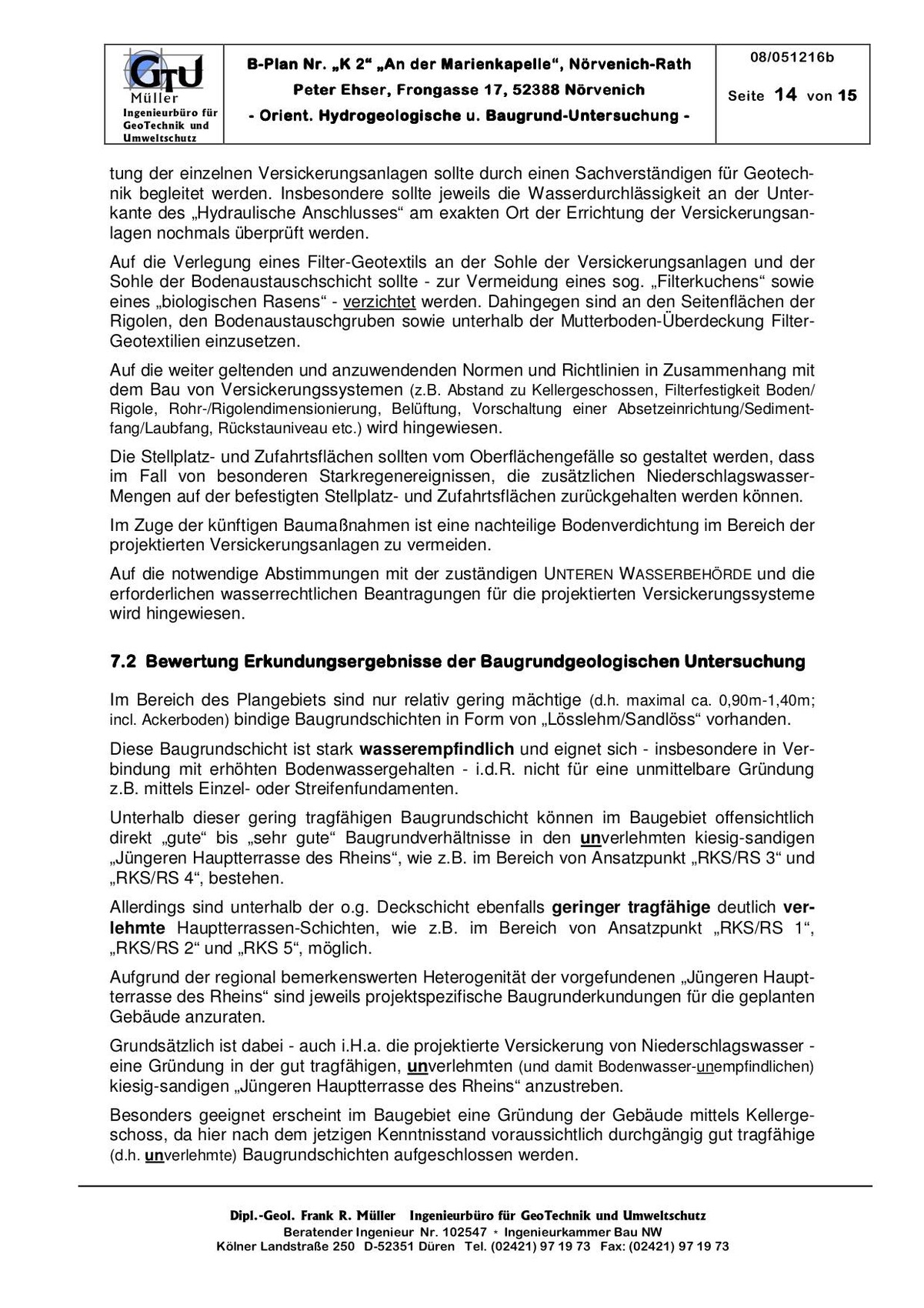 Scan eines Berichtsdokuments zur geotechnischen Baugrunduntersuchung mit Überschrift und Fließtext.