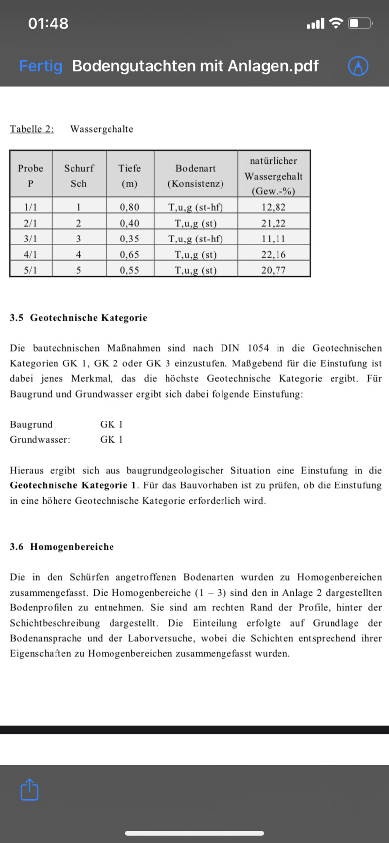 Seite mit Tabelle Wassergehalte (Probe, Tiefe, Konsistenz) und Text zur geotechnischen Kategorie.