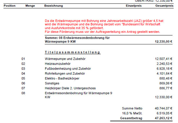 Rechnungsseite mit Positionen: Wärmepumpe, Bohrung und Zubehör; Gesamtbetrag 47.263,12 €.