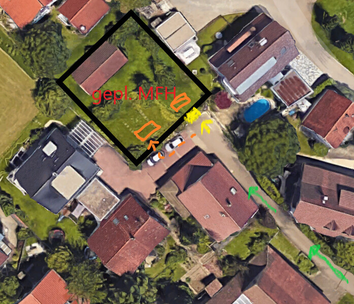 Luftbild eines Wohnviertels mit markiertem Quadrat und Vermerk gepl. MFH.