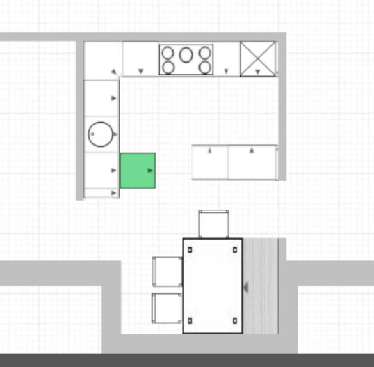 2D-Grundriss einer Küche mit Kochfeld, Spüle, Insel und Esstisch