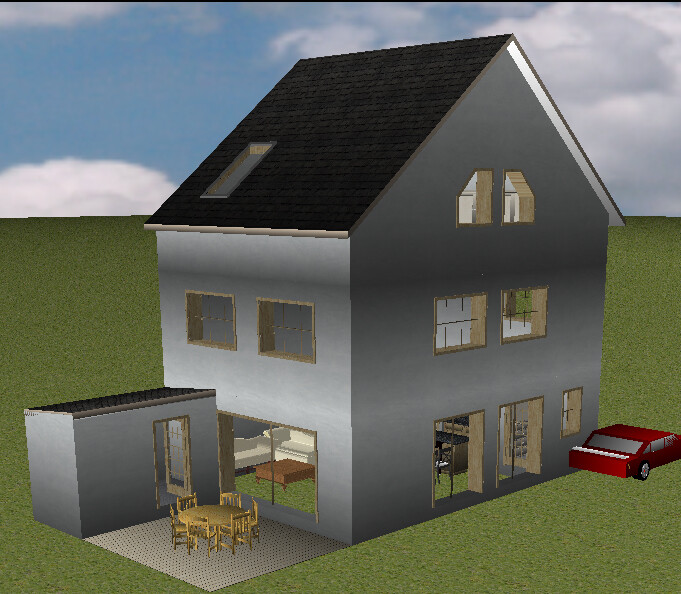 3D-Haus mit grauer Fassade, Satteldach, Terrasse mit Gartenmöbeln, Anbau und rotem Auto.