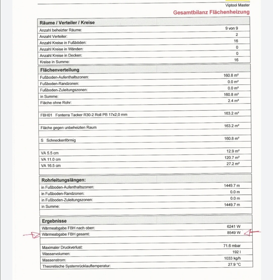 Dokument mit Tabellen: Gesamtbilanz Flächenheizung, Räume, Flächen, Rohrleitungen, Ergebnisse.