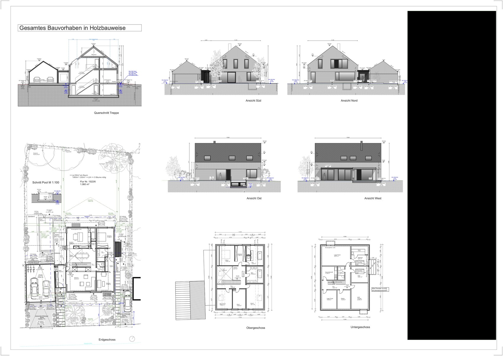 Architekturpläne eines Holzbauprojekts: Grundrisse, Schnitte und Fassadenansichten des Hauses