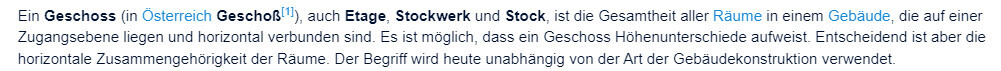 Definition des Begriffs Geschoss in der Architektur als horizontale Ebene von Räumen in einem Gebäude.