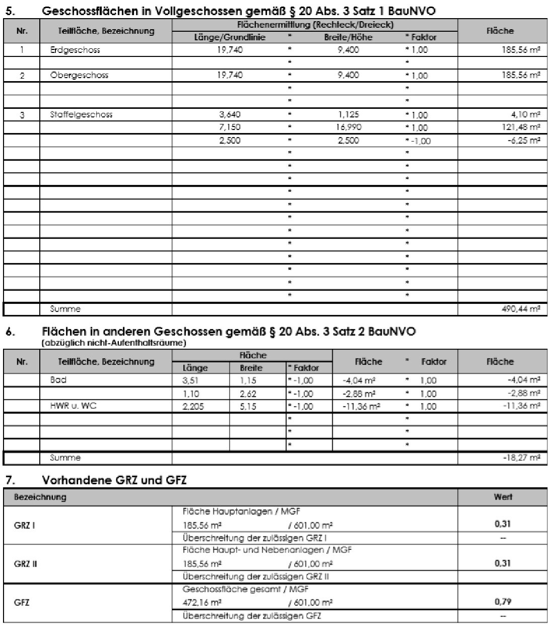 Tabelle zur Flächenberechnung von Vollgeschossen (EG, OG, Staffelgeschoss) gemäß BauNVO.