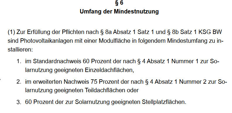 Dokument: §6 Umfang der Mindestnutzung von PV-Anlagen, Prozentsätze und Flächen.