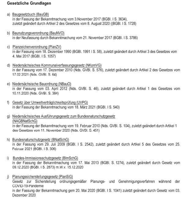 Liste gesetzlicher Grundlagen: BauGB, BauNVO, PlanZV, NBauO, UVPG, BNatSchG, BImSchG