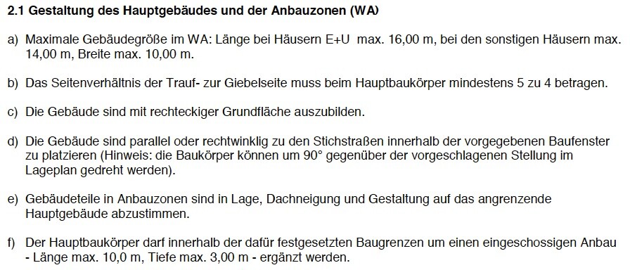 Textdokument mit Bauleitfäden zur Gestaltung des Hauptgebäudes und Anbauzonen (WA)