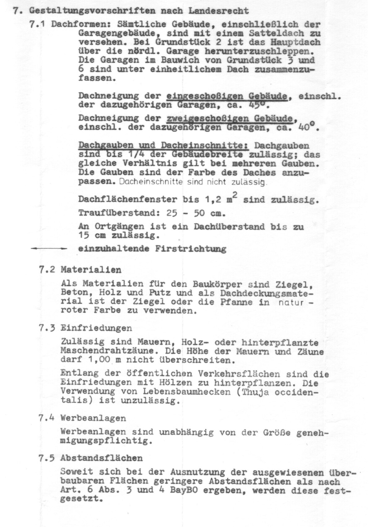 Historisches Bauvorschriften-Dokument mit Dachformen, Abständen und Materialien.