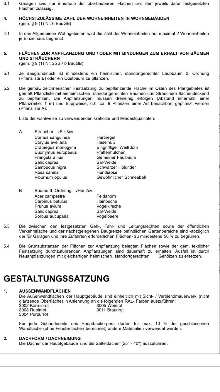 Seite einer Gestaltungsatzung mit Vorgaben zu Außenwandflächen und Dachformen (Dachneigung).