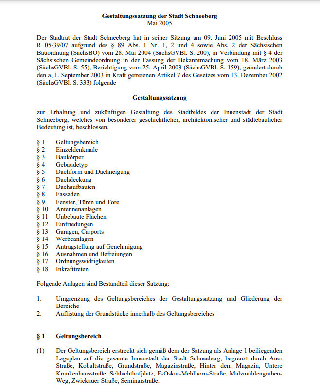 Amtliches Dokument: Gestaltungssatzung der Stadt Schneeberg, Mai 2005.