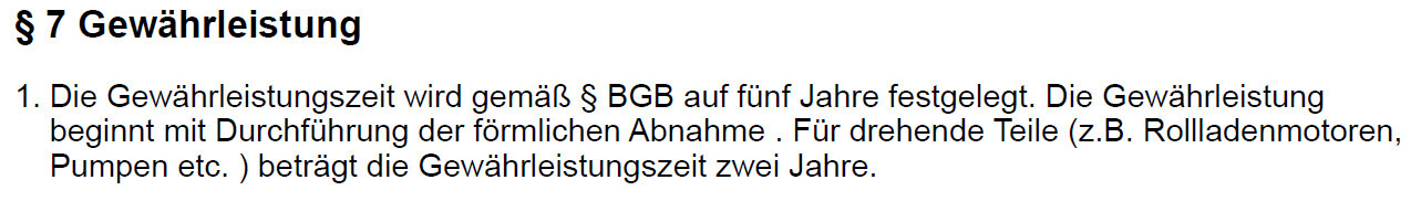 Ausschnitt aus einem Rechtsdokument mit §7 Gewährleistung und Fristen