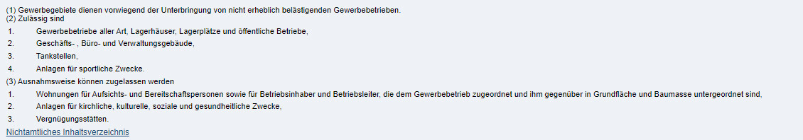 Deutscher Text zu zulässigen Gewerbegebieten: Arten von Betrieben und Ausnahmen.